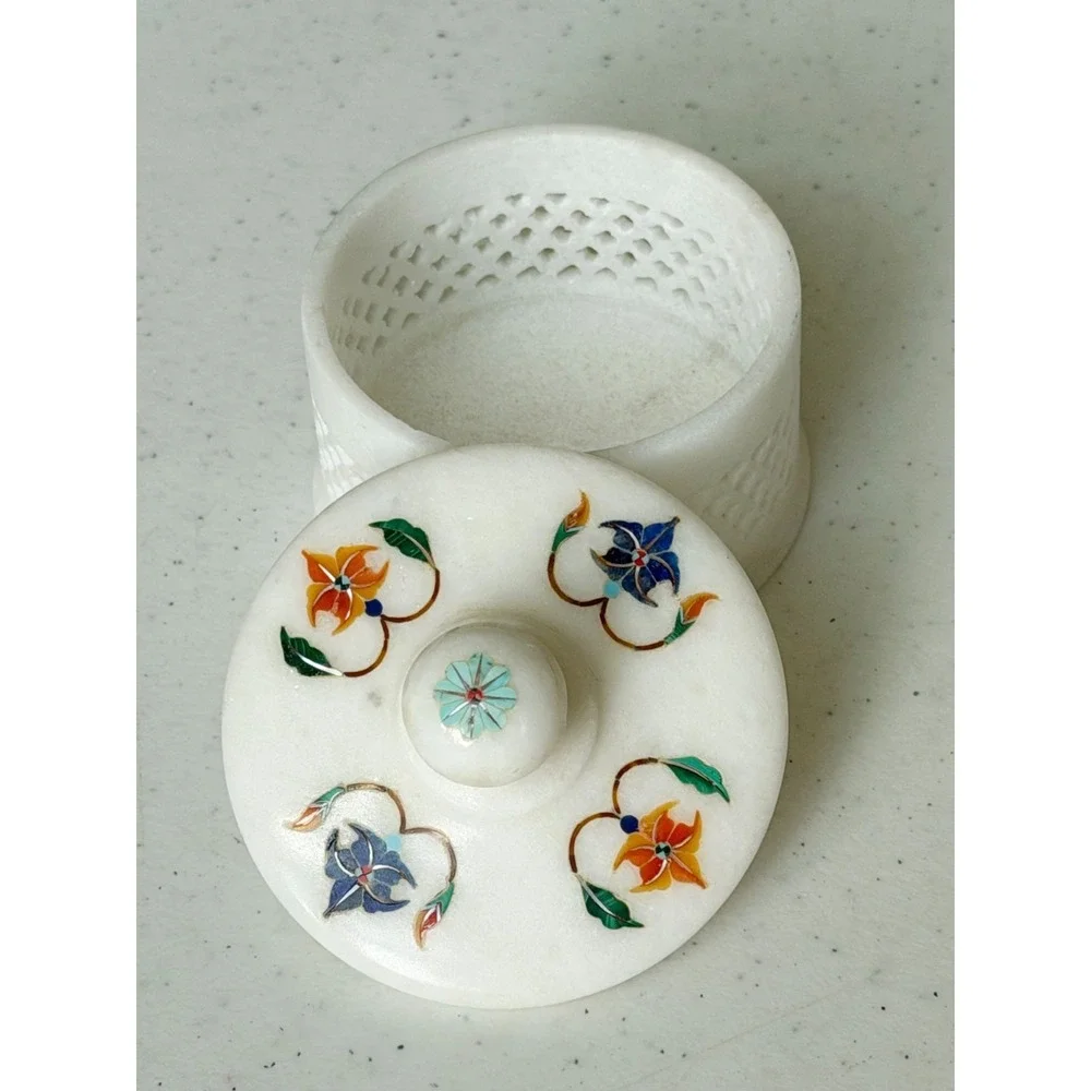 White Marble Ring Jewelry Box Lattice Inlaid Floral Design 2.5